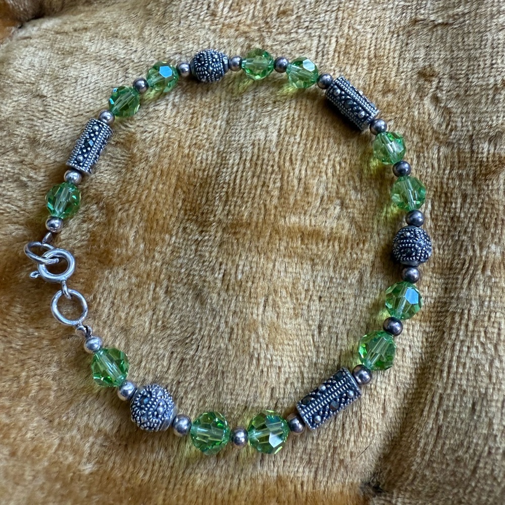 925 Sterling Silver Elegant Green Crystal Beaded Bracelet
